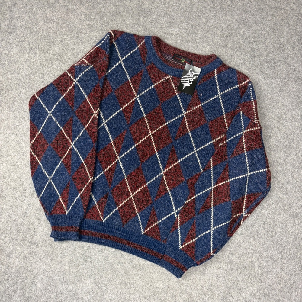 Vintage Robert Bruce Argyle Sweater XL Blue Red Crewneck Acrylic Knit Korea